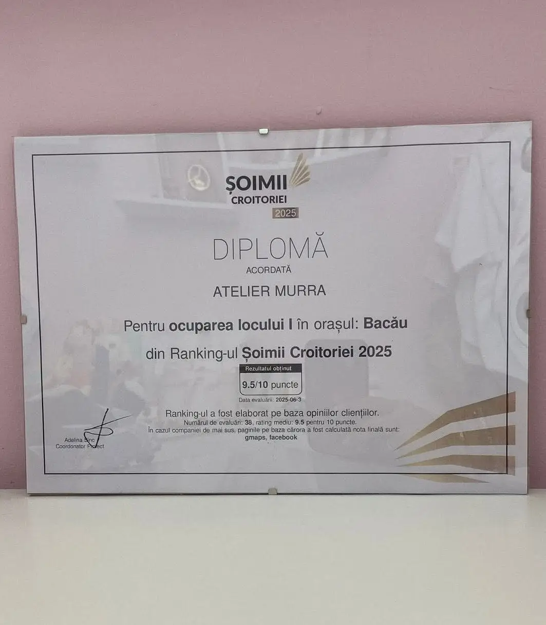 Diploma Șoimii Croitoriei 2025 acordată Atelier Murra pentru ocuparea locului I în orașul Bacău