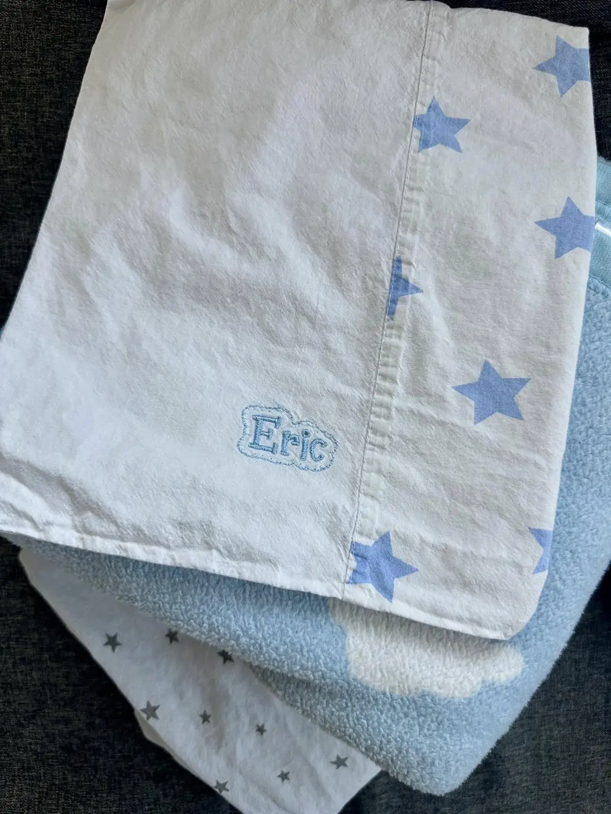 Păturică bleu cu steluțe, brodată cu numele băiețelului